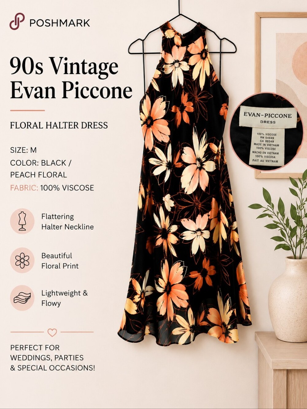 90s Evan-Piccone Floral Halter Dress Black Peach Viscose Midi M